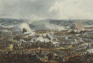 Waterloon taistelu 18. kesäkuuta 1815, Thomas Sutherlandin (1785-1838) akvatinta, julkaistu James Jenkinsin Martial Achievements -julkaisussa, 1. syyskuuta 1815 (värillinen akvatinta)