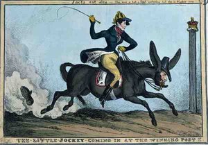 "Pikku Jockey tulossa voittopostille!!!", n.1831 (värillinen etsaus) tekijältä William Heath