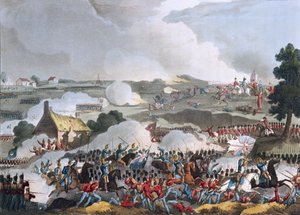Brittiarmeijan keskus toiminnassa Waterloon taistelussa 18.6.1815, Sutherlandin akvatinta, 1815 (värillinen akvatinta)