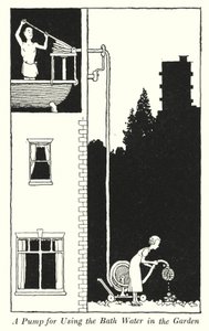 Pumppu kylpyveden käyttämiseen puutarhassa (litho) tekijältä William Heath Robinson