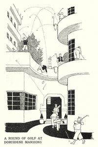 Golfkierros Dorisdene Mansionsissa (litho) tekijältä William Heath Robinson