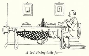 Sänky-ruokapöytä (litho) tekijältä William Heath Robinson