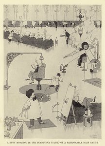 Kiireinen aamu muodikkaan hiustaiteilijan ylellisessä studiossa tekijältä William Heath Robinson