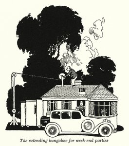 Laajentuva bungalow viikonloppujuhliin (litho) tekijältä William Heath Robinson
