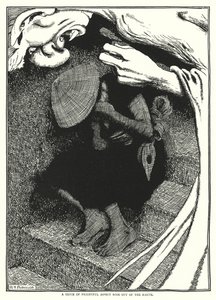 Pelottavan näköinen henki nousi maasta (kaiverrus) tekijältä William Heath Robinson