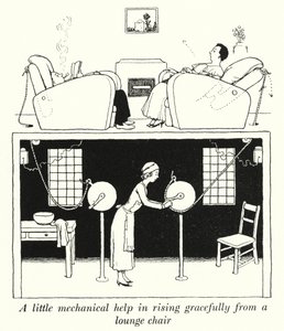 Hieman mekaanista apua nousemiseen kauniisti lepotuolista (litho) tekijältä William Heath Robinson