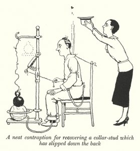 Siisti väline selästä luisuneen kaulusnastan palauttamiseen (litho) tekijältä William Heath Robinson