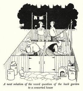 Siisti ratkaisu kiusalliseen kysymykseen takapihasta kunnostettuun taloon (litho) tekijältä William Heath Robinson