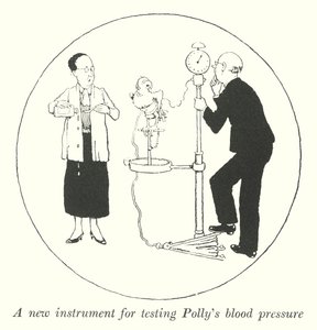 Uusi instrumentti Pollyn verenpaineen mittaamiseen (litho) tekijältä William Heath Robinson