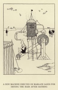 Margate Sandsiin pystytettiin uusi kone hiusten kuivaamiseen kylvyn jälkeen tekijältä William Heath Robinson