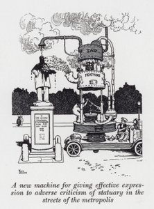 Uusi kone, joka antaa tehokkaan ilmaisun metropolin kaduilla sijaitsevien patsaiden kielteiselle kritiikille (litho) tekijältä William Heath Robinson