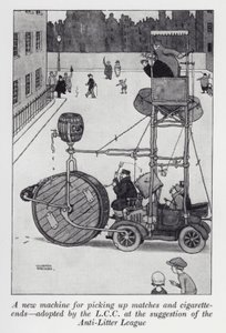 Uusi kone tulitikkujen ja tupakanpäiden poimimiseen, jonka LCC on hyväksynyt Anti-Litter Leaguen (litho) ehdotuksesta tekijältä William Heath Robinson