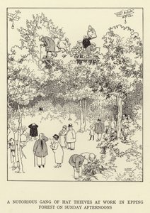 Pahamaineinen hattuvarasjengi töissä Epping Forestissa sunnuntai-iltapäivisin tekijältä William Heath Robinson