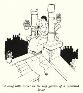 Kodikas pieni nurkka muunnetun talon kattopuutarhassa (litho) tekijältä William Heath Robinson