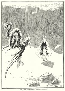 Hyvin suuri siivekäs käärme tulee minua kohti (kaiverrus) tekijältä William Heath Robinson