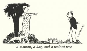 Nainen, koira ja pähkinäpuu (litho) tekijältä William Heath Robinson