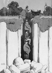 Ystävällisyys, kolmen herrasmiehen huomaavaisuus auttaessaan naista kuilun yli (kynä ja muste, akvarelli) tekijältä William Heath Robinson