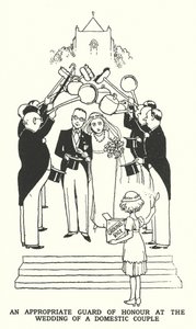 Sopiva kunniavartio kotipariskunnan häissä (litho) tekijältä William Heath Robinson