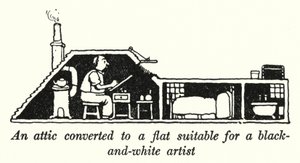 Mustavalkotaiteilijalle sopiva ullakkohuoneisto (litho) tekijältä William Heath Robinson