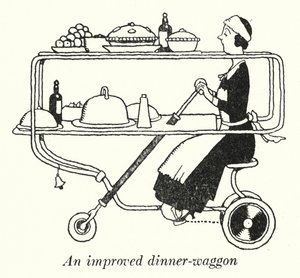 Parannettu illallisvaunu (litho) tekijältä William Heath Robinson