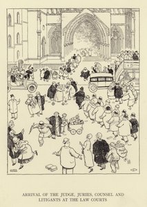 Tuomarin, valamiehistön, asianajajan ja asianosaisten saapuminen tuomioistuimiin tekijältä William Heath Robinson