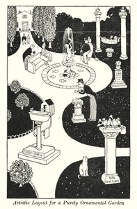 Taiteellinen ulkoasu puhtaasti koristepuutarhalle (litho) tekijältä William Heath Robinson
