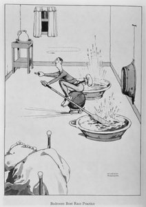 Makuuhuoneen venekilpailuharjoitus, kuva julkaisusta "Keksinnöt" tekijältä William Heath Robinson