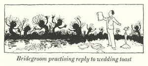 Sulhanen harjoittelee vastausta häämaljaan (litho) tekijältä William Heath Robinson