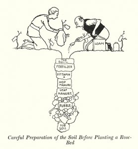Maaperän huolellinen valmistelu ennen ruusupenkin istuttamista (litho) tekijältä William Heath Robinson