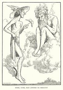 Tule, tule, sanoi Jupiter Merkuriukselle (litho) tekijältä William Heath Robinson