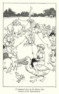 Yhteisölliset ilot kivikaudella, liikenneympyrän alkuperä (litho) tekijältä William Heath Robinson
