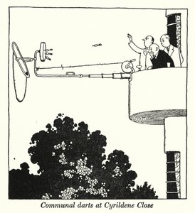 Yhteinen tikanheitto Cyrildene Closessa (litho) tekijältä William Heath Robinson