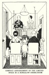 Rajoitetun tilan kompakti järjestely bungalow-ruokailuhuoneessa (litho) tekijältä William Heath Robinson