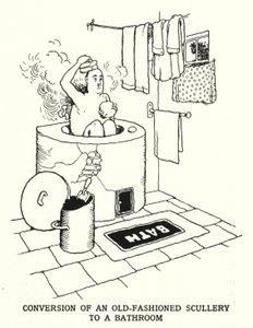 Vanhanajan pesuhuoneen muuttaminen kylpyhuoneeksi (litho) tekijältä William Heath Robinson