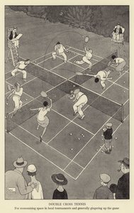 Double cross tennis, tilan säästämiseen paikallisissa turnauksissa ja yleensä pelin vauhdittamiseen tekijältä William Heath Robinson