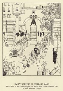 Varhainen aamu Scotland Yardissa, eri valeasuihin pukeutuneet etsivät ja lentävä osasto lähtevät aamukierrokselle. tekijältä William Heath Robinson