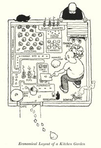 Taloudellinen keittiöpuutarhan pohjaratkaisu (litho) tekijältä William Heath Robinson