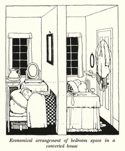 Taloudellinen makuuhuoneen järjestely remontoidussa talossa (litho) tekijältä William Heath Robinson