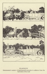 Joustavuus, hyväsydäminen autoilijoiden epäitsekäs käytös tien huonosta kunnosta kärsiviä kohtaan. tekijältä William Heath Robinson