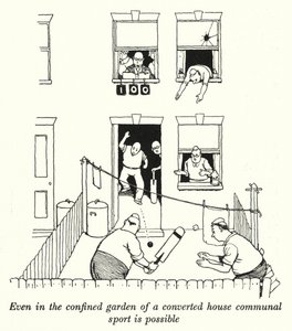 Jopa entisen talon ahtaassa puutarhassa yhteisurheilu on mahdollista (litho) tekijältä William Heath Robinson