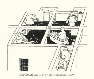 Yhteisen kylvyn (litho) käytön selittäminen tekijältä William Heath Robinson