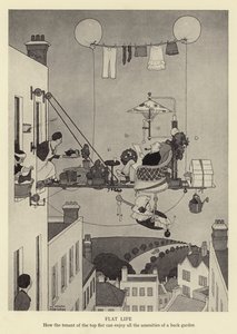 Asuntoelämää, kuinka huippuasunnon vuokralainen voi nauttia kaikista takapihan mukavuuksista tekijältä William Heath Robinson