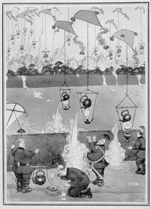 Flying Kettle Attack, Some Frightful War Pictures, 1915 (tulostus) tekijältä William Heath Robinson
