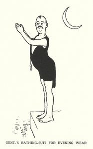 Miesten uimapuku iltavaatteisiin (litho) tekijältä William Heath Robinson