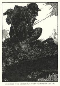 Hänet haudattiin kunniallisesti Black-soile-laaksoon (litho) tekijältä William Heath Robinson
