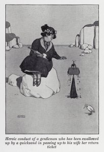 Juoksuhiekan nielaiseman herrasmiehen sankarillinen käytös luovuttaessaan vaimolleen paluulippunsa (litho) tekijältä William Heath Robinson