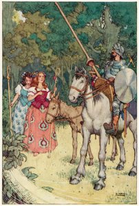 Kuvitus Don Quijoten seikkailuista (värilitho) tekijältä William Heath Robinson
