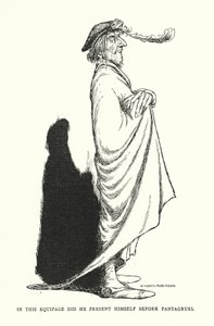 Tässä varustelussa hän esiintyi Pantagruelin (litho) edessä tekijältä William Heath Robinson
