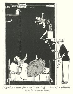 Nerokas juoni lääkeannoksen antamiseksi kiukkuiselle pojalle (litho) tekijältä William Heath Robinson
