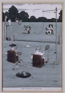 Nurmikkotennis keski-ikäisille (kynä ja muste ja w/c) tekijältä William Heath Robinson